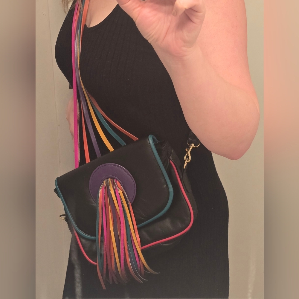 Leather Vintage Noble Crossbody Multicolor Fringe USA Festival Bag 80s Cochella - Picture 3 of 10